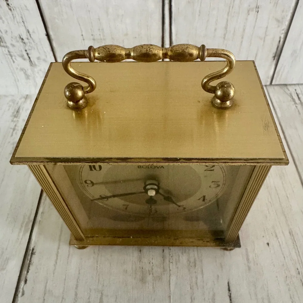 Bulova B2614 Gold Tone Quartz Carriage Clock Germany Vintage Mantel Desk WORKS